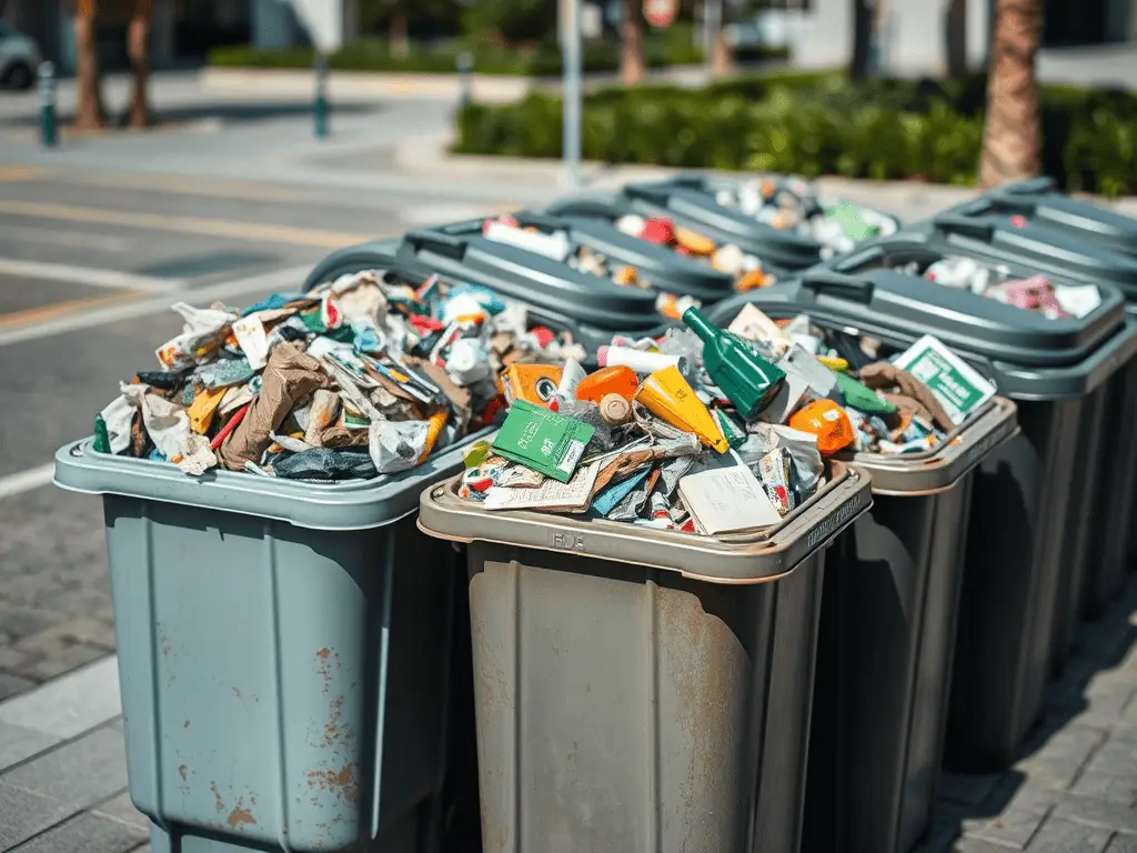 Overfilled trash cans representing heavy waste removal needs.