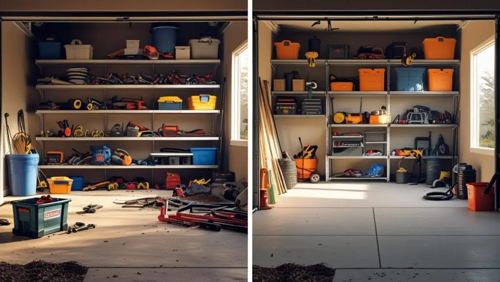 Before and after comparison of a cluttered garage transformed into a clean space.
